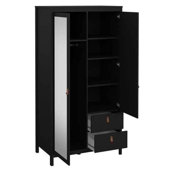 Black 2-door wardrobe with mirrored door and 2 drawers