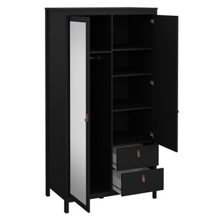 The CHOICEWARDROBE Barcila Mirrored Wooden Wardrobe features 2 black doors, 2 drawers with leather-style handles, a modern minimalist design, and a full-length mirror—the perfect elegant storage for your bedroom.