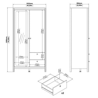 Technical drawing of the CHOICEWARDROBE Barcila Mirrored Wooden Wardrobe (Black, 2 doors/2 drawers), showing dimensions in mm/inches, front/side/drawer views, full-length mirror, leather-style handles, shelves, drawers.