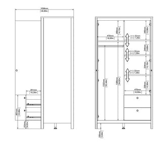 Technical drawing of the CHOICEWARDROBE Barcila Mirrored Wooden Wardrobe – 2 Doors 2 Drawers in Black, showing front and side views with detailed shelf, drawer, and hanging space measurements in mm/inches. Ideal for modern bedroom planning.