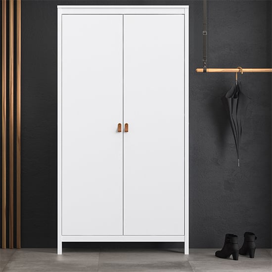 CHOICEWARDROBE Barcila 2-door white wardrobe with leather handles and elevated base