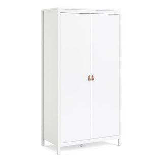 The CHOICEWARDROBE Barcila 2 Door 102cm Wooden Wardrobe in white features a modern minimalist design with leather handles and an elevated base—ideal bedroom storage that blends style and functionality.