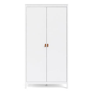 The CHOICEWARDROBE Barcila Wooden Wardrobe is a 2-door, 102cm white wardrobe featuring a modern minimalist design with leather handles and an elevated base—ideal for stylish bedroom storage.