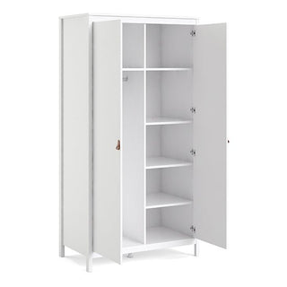 The CHOICEWARDROBE Barcila Wooden Wardrobe is a 2-door, 102cm white wardrobe with leather handles and an elevated base. It offers six shelves and a hanging section on the left, ideal for stylish, minimalist bedroom storage.
