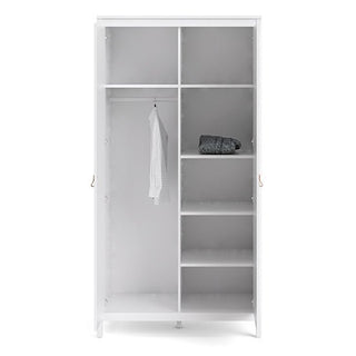 The CHOICEWARDROBE Barcila Wooden Wardrobe in white features 8 versatile compartments: a left-side hanging rod for shirts and right-side shelves for folded items. Its modern minimalist design includes leather handles and an elevated base.