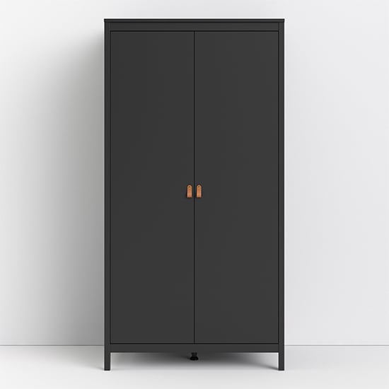 CHOICEWARDROBE Barcila 2-door wooden wardrobe in matt black with tan leather handles.