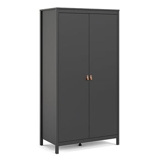 The CHOICEWARDROBE Barcila is a tall, modern matt black wooden wardrobe with two doors, tan leather handles, and four straight legs, measuring 102cm wide. It stands against a plain white background.