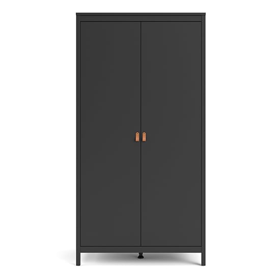 CHOICEWARDROBE Barcila 2-door matt black wooden wardrobe with tan leather handles.
