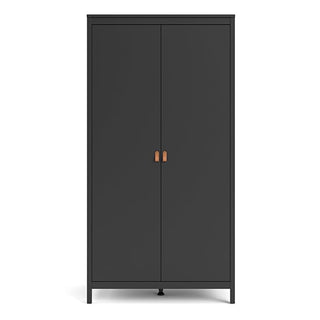 The CHOICEWARDROBE Barcila 2-door wooden wardrobe (102cm wide) in modern matt black with tan leather handles stands on four short legs against a white background.