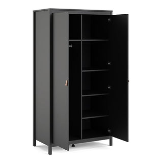 The CHOICEWARDROBE Barcila Wooden Wardrobe features 2 doors, a 102 cm width, modern matt black finish with tan leather handles. One door opens to five right shelves and a hanging rod on the left for organized storage.