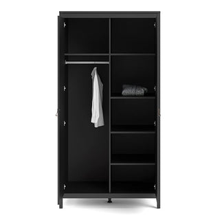 The CHOICEWARDROBE Barcila Wooden Wardrobe – 2 Doors, 102cm, in modern matt black with tan leather handles, is shown open with multiple shelves, a hanging rod holding one white shirt, and two folded gray towels; otherwise empty.