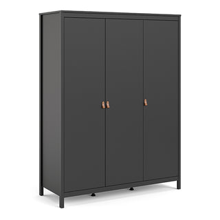 The CHOICEWARDROBE Barcila Wooden Wardrobe features a modern matt black finish, three doors with tan leather handles, and shelved storage. Its sleek design measures 150cm wide and stands on four short legs for a minimalist look.