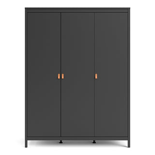 The CHOICEWARDROBE Barcila Wooden Wardrobe features a modern matt black finish, three doors, tan leather handles, and shelved storage. Its sleek 150cm-wide design brings contemporary style to any space.