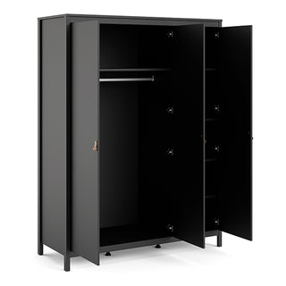 The CHOICEWARDROBE Barcila is a modern 3-door wooden wardrobe in matt black, featuring tan leather handles, a hanging rod and shelf on the left, multiple shelves on the right, and stands on short legs. Width: 150cm.