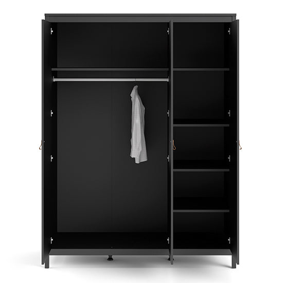 CHOICEWARDROBE Barcila 3 door wardrobe, matt black, tan leather handles, with hanging rail and shelves.