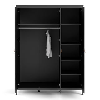 The CHOICEWARDROBE Barcila Wooden Wardrobe in Modern Matt Black with Tan Leather Handles features 3 doors, a hanging rod displaying a single light shirt on the left, and five empty shelves on the right for stylish, organized storage.