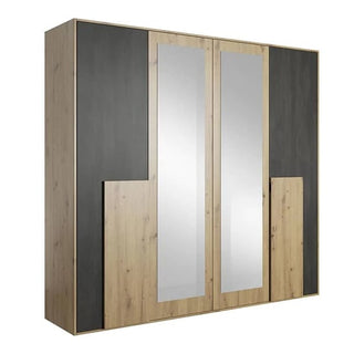 The CHOICEWARDROBE Barrie 4 Door Mirrored Wardrobe (200cm) features a contemporary oak & anthracite finish, full-length front mirrors, sharp lines, and offers ample shelving and hanging storage with a modern boxy design.
