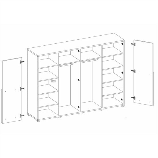 Line drawing of CHOICEWARDROBE Barrie 4 door mirrored wardrobe in Oak & Anthracite, showing hinged doors.