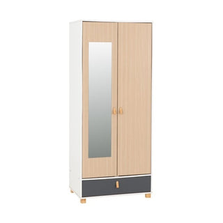 The CHOICEWARDROBE Batam Oak Effect & Grey Mirrored Wardrobe is a compact, modern 2-door wardrobe with a full-length mirrored left door, oak effect finish, black bottom drawer, and small wooden handles for stylish bedroom storage.