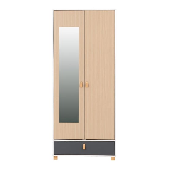 2 door wardrobe with mirrored door and grey drawer at the base