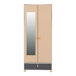 The CHOICEWARDROBE Batam Oak Effect & Grey Mirrored Wardrobe features 2 doors, a full-length mirror, grey drawer at the base, and modern design—ideal for compact, stylish bedroom storage.