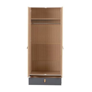 The CHOICEWARDROBE Batam Oak Effect & Grey Mirrored Wardrobe features 2 doors, a top shelf, hanging rod, main storage area, and a grey drawer with a light handle—ideal for stylish bedroom storage in a compact modern design.