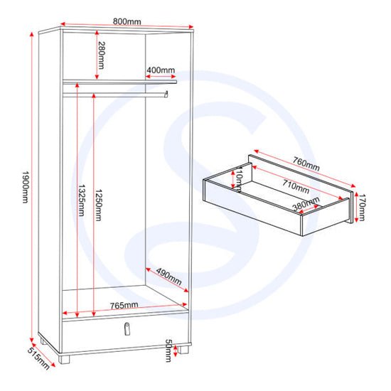 Technical drawing of CHOICEWARDROBE 2-door wardrobe with mirrored panels and drawer, showing dimensions.