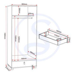 Technical drawing of the CHOICEWARDROBE Batam Oak Effect & Grey Mirrored 2 Door Wardrobe showing labeled measurements for height, width, depth, internal sections, hanging rod, shelf, and drawer with a detailed side view of drawer dimensions.