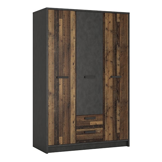 CHOICEWARDROBE 3 door wardrobe: Rustic wood and concrete finish with two drawers.