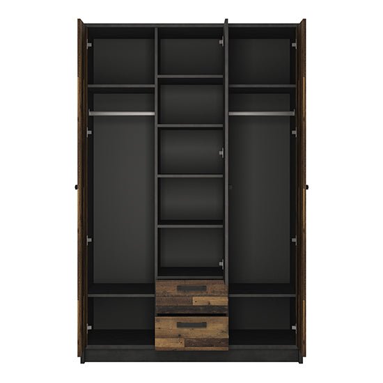 3-door wardrobe interior: rustic wood finish, concrete effect, hanging rails, shelves, and two drawers.