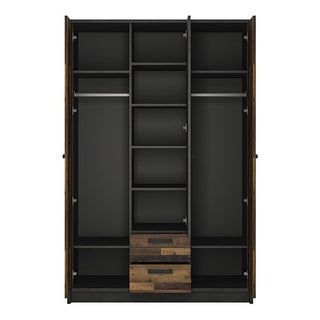 The CHOICEWARDROBE Beeston 3 Door Wardrobe (128cm, Rustic Wood & Concrete Finish) features central shelves, bottom drawers, hanging rails on both sides, and an industrial black interior with wood accents for modern bedroom storage.