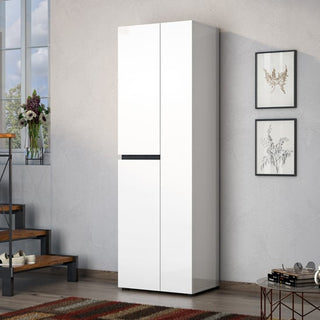 The CHOICEWARDROBE Belfort 68cm 2 Door High Gloss Wardrobe in white and slate grey with a sleek minimalist design stands against a light wall, with three framed artworks nearby and a window holding flowers by the wooden stairs.