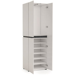 The CHOICEWARDROBE Belfort 68cm 2 Door Wardrobe in white & slate grey has a modern, high gloss finish. Its tall design offers a top shelf, hanging rail, and six lower shelves for organized bedroom storage, all on small feet.