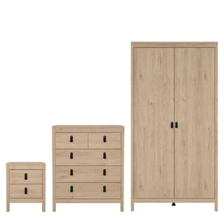 The CHOICEWARDROBE Bellevue 3 Piece Bedroom Furniture Set in Oak Effect offers modern rustic style and includes a 2-door wardrobe, 4-drawer chest, and bedside table, all accented with sleek black handles.