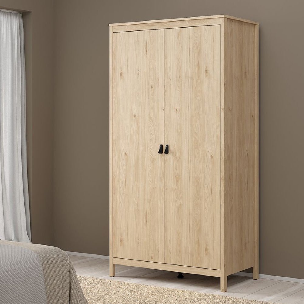 Light oak effect 2 door wardrobe with sleek black handles from the Bellevue range, modern rustic bedroom storage.
