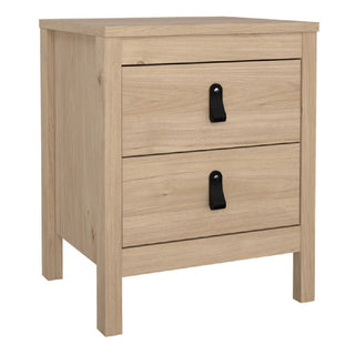 The CHOICEWARDROBE Bellevue 3 Piece Bedroom Set in Oak Effect includes a modern rustic bedside table with two drawers and black handles, part of a set featuring straight legs and simple rectangular design for stylish bedroom storage.