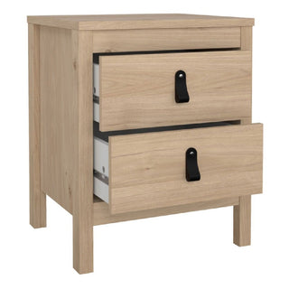 The Bellevue Bedside Table from the CHOICEWARDROBE 3 Piece Set features light oak effect, two drawers with black handles and visible metal rails, plus four straight legs—delivering modern rustic style and practical bedroom storage.