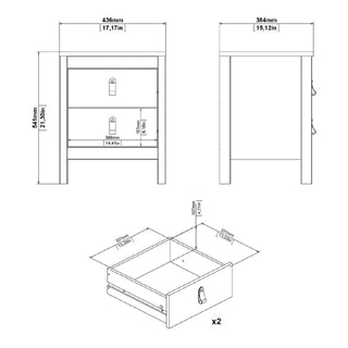 Technical drawing of a bedside table from the CHOICEWARDROBE Bellevue 3 Piece Oak Effect Bedroom Set, showing an exploded view of its two drawers. Dimensions: 544mm H x 436mm W x 384mm D, with detailed drawer measurements.