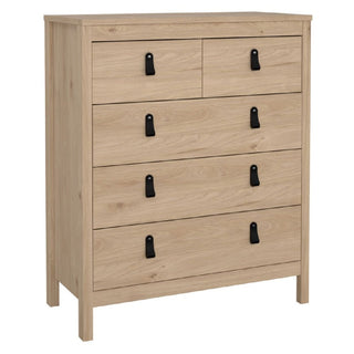 The CHOICEWARDROBE Bellevue 3 Piece Bedroom Set in Oak Effect includes a 5-drawer chest with two small top drawers and three larger bottom ones, each featuring a single black pull handle—ideal for enhancing your oak bedroom decor.