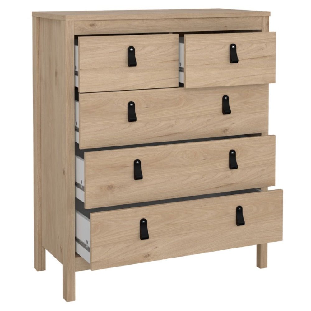 Oak effect 5 drawer chest with black leather handles - CHOICEWARDROBE Bellevue bedroom furniture