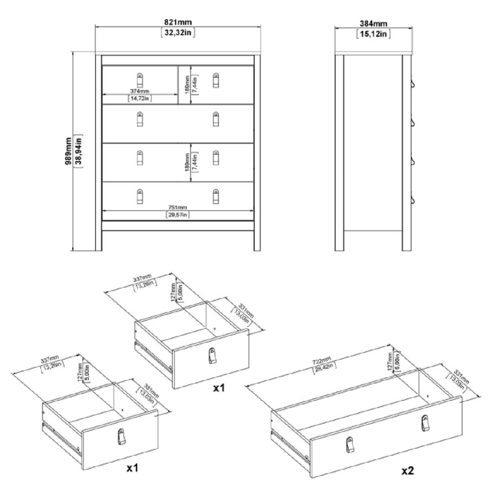 CHOICEWARDROBE Bellevue oak effect 3 piece bedroom set 5 drawer chest diagrams & dimensions | Assembly illustration