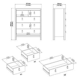 Black and white assembly illustration for the CHOICEWARDROBE Bellevue 3 Piece Bedroom Furniture Set in Oak Effect, featuring front and side views with dimensions (mm/inches) and exploded views of three different drawers. Perfect for wardrobe or bedroom set enthusiasts.