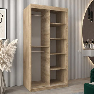 The CHOICEWARDROBE Beloit 100cm Mirrored Sliding Door Wardrobe in Sonoma Oak offers a modern look with shelves, hanging rails, and integrated drawers—ideal for complementing light-colored, contemporary rooms.