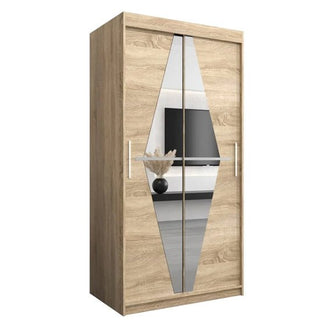 The CHOICEWARDROBE Beloit 100cm Mirrored Sliding Door Wardrobe in Sonoma Oak features a large central mirror, modern design, shelves, hanging rails, and integrated drawers—perfect for reflecting your style and essentials.
