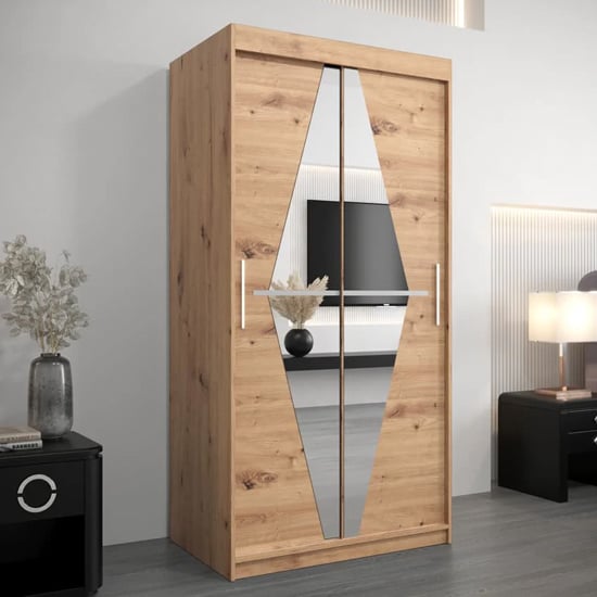 CHOICEWARDROBE Beloit 100cm Oak sliding wardrobe with diamond mirrored doors