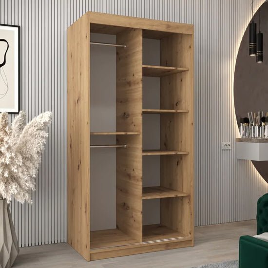 Oak sliding wardrobe with mirrored doors, hanging rail and shelves