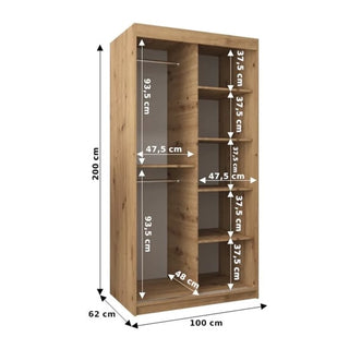 The CHOICEWARDROBE Beloit 100cm Oak Sliding Wardrobe features diamond-mirror doors, shelves, and hanging rails. Measures 200x100x62cm with shelf heights of 37.5cm and two 93.5cm vertical hanging spaces for easy storage.