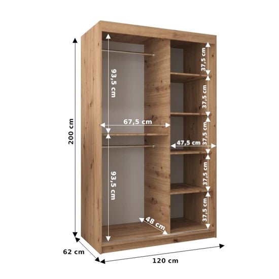 CHOICEWARDROBE Beloit 120cm Artisan Oak 2-door sliding wardrobe with mirror. Dimensions: 200x120x62 cm.