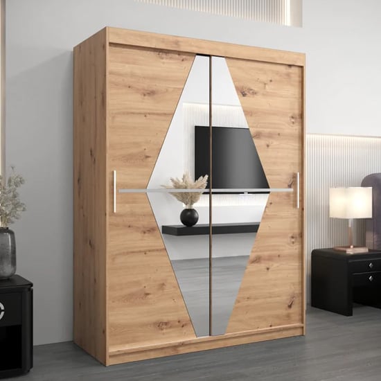 CHOICEWARDROBE Beloit 150cm sliding mirrored wardrobe in Rustic Oak finish with geometric mirror panels.