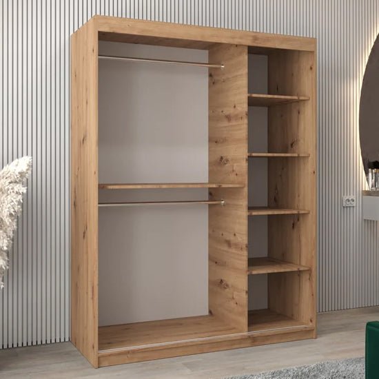 Rustic oak 2-door sliding wardrobe with geometric mirror panels